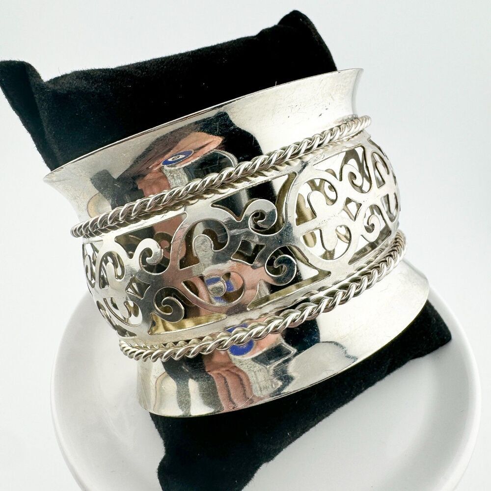 Vintage Silver Tone Statement Cuff Bold Filigree Hero Bracelet Boho Retro Chunky